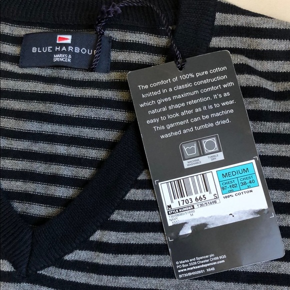 Marks & Spencer Mens / Women V-Neck Sweater - Iron Gray Stripe Size M - Picture 7 of 12